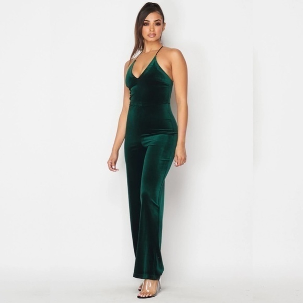 Teeze Me Criss Cross Strap Emerald Velvet Jumpsuit